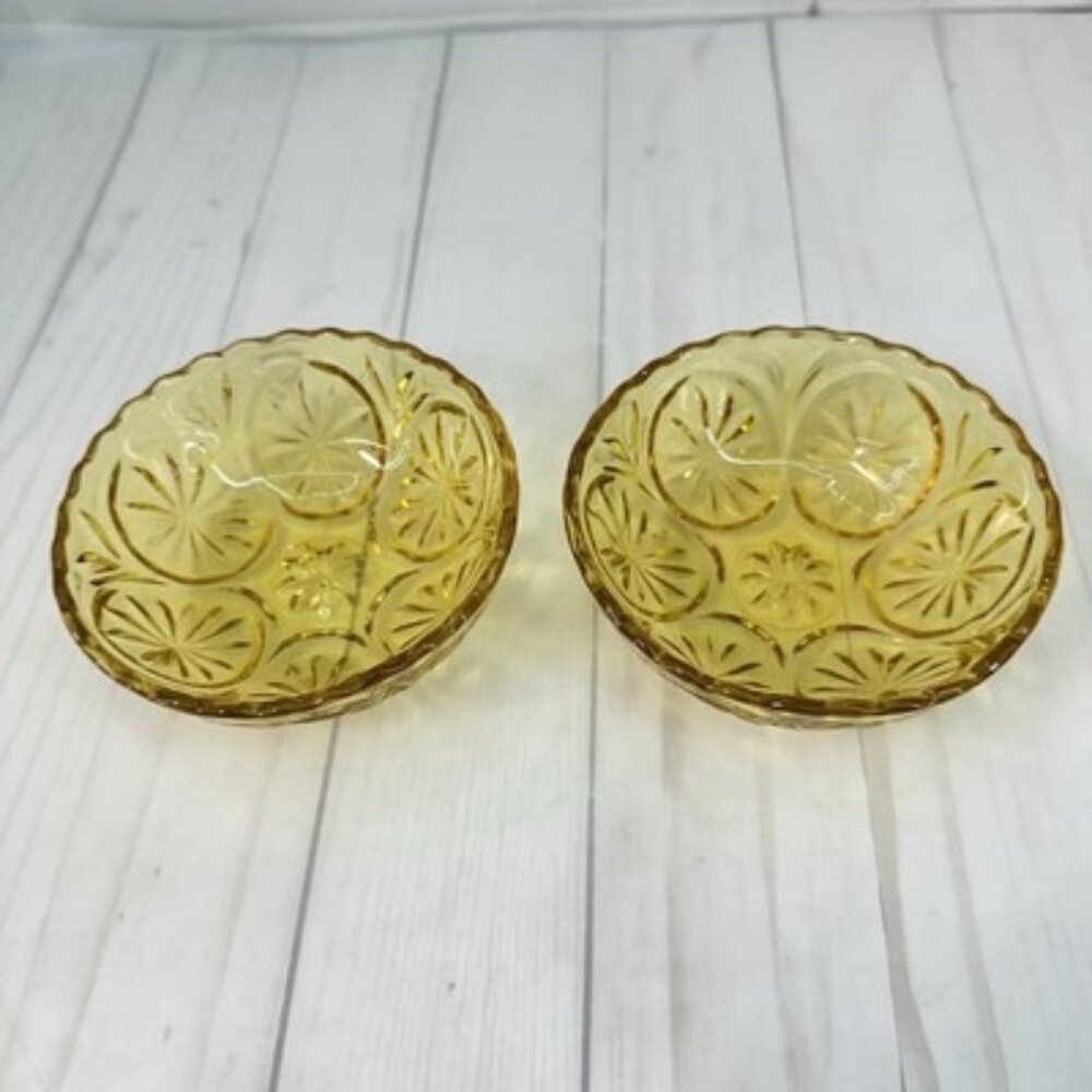 Vintage Amber Pressed Indiana Glass Fruit Bowl 4.25" Starburst Daisy Pattern Set